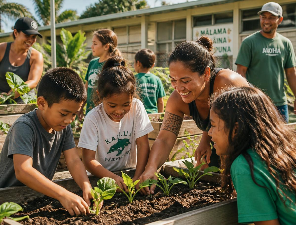 Parents and students planting seedlings in the school garden